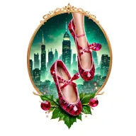 two sparkling ruby ballet slippers with emerald city in the background, no legs tattoo design idea