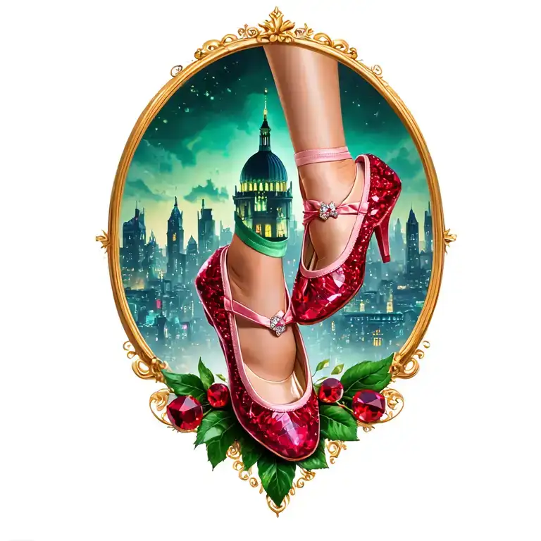 two sparkling ruby ballet slippers with emerald city in the background, no legs tattoo design idea