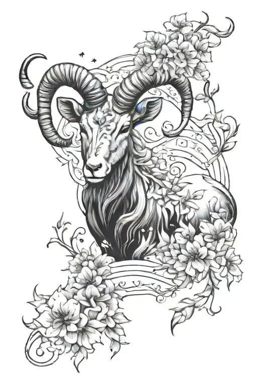 aries zodiac sign ,with honeysuckle blooms,flames ,and constellation pattern tattoo design idea