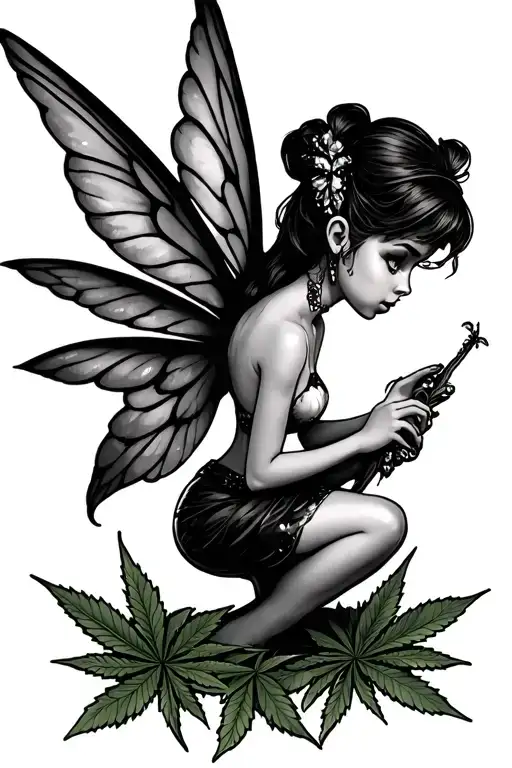 sexy naughty tinkerbell with marijuana leaf wings  tattoo design idea