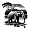 African Safari sunset with elephants walking. Backdrop of Cape Town table mountain. tattoo design idea