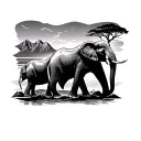African Safari sunset with elephants walking. Backdrop of Cape Town table mountain. tattoo design idea
