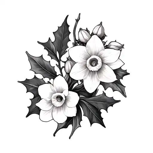 narcissus and holly flowers tattoo design idea