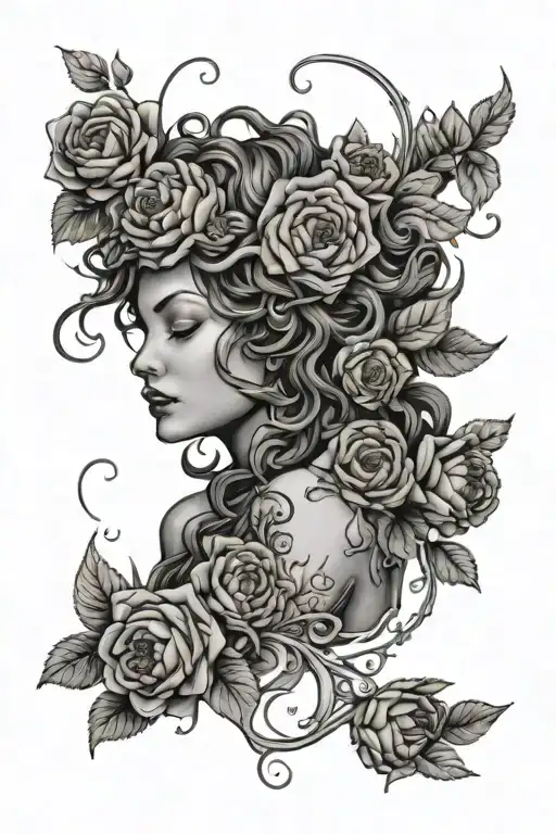 Crying Medusa surrounded by roses, black dahlias,peonies,sunflowers,and small skulls tattoo design idea