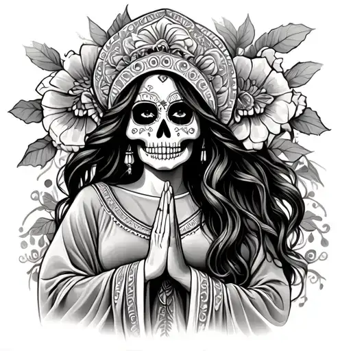 mexican woman with prayer robe sugar skull wearing tattoo design idea