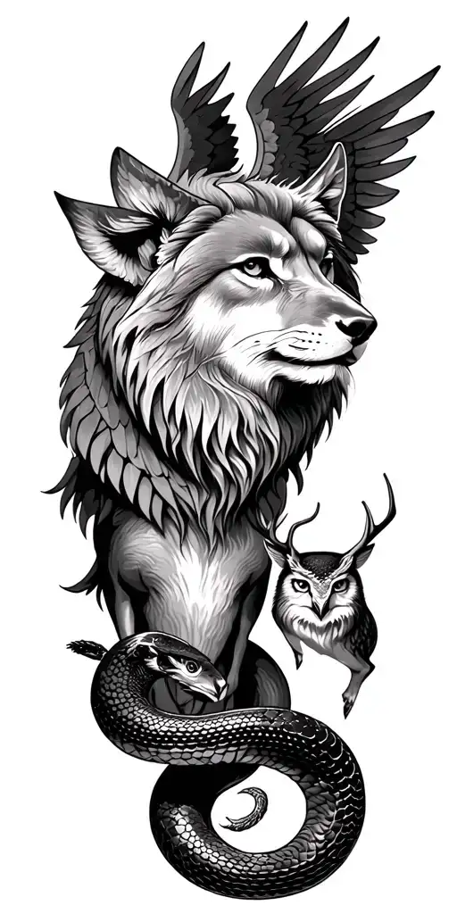 lion, angel, wolf, owl, deer with forest, snake tattoo design idea