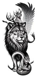 lion, angel, wolf, owl, deer with forest, snake tattoo design idea