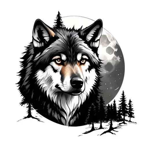 Wolves, trees and the moon tattoo design idea