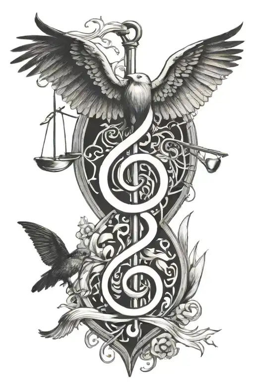 A lawyer and veterinary symbol combined, with music notes intertwined in the design tattoo design idea