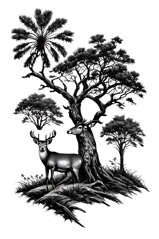deer, oak and Cyprus trees, palmetto trees tattoo design idea