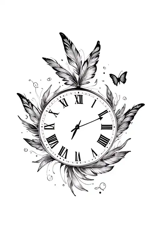 butterfly, feathers surrounding clock face tattoo design idea