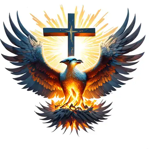cross at the top symbolizing god as guide and source of light radiating divine energy, below a phoenix rising from the ashes tattoo design idea