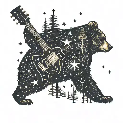 A silhouette of a bear playing a guitar under a starry night sky in the middle of a forest tattoo design idea