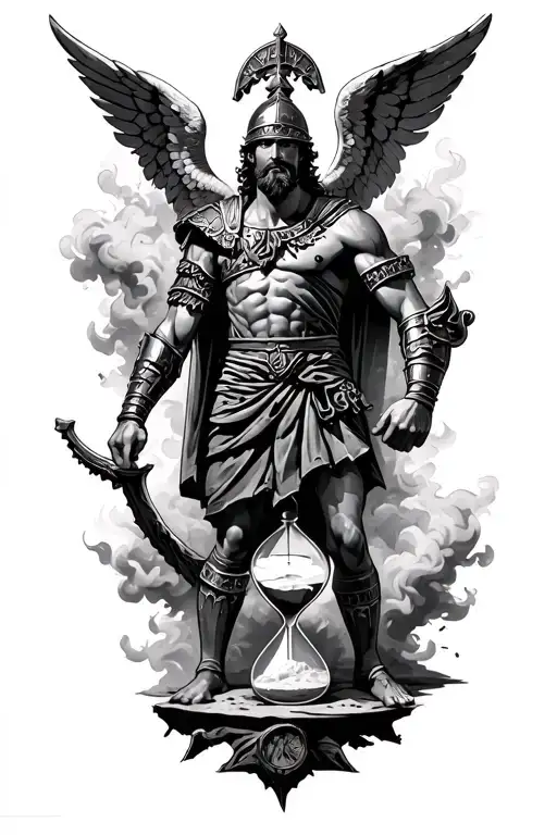 a gladiator surrounded by smoke, an angel of victory, the Roman numerals xxxiii, and a cracked hourglass with sand  tattoo design idea