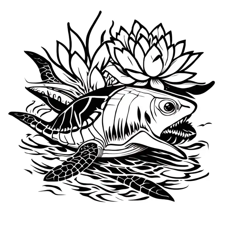 turtle, sting ray, shark, lotus flower tattoo design idea