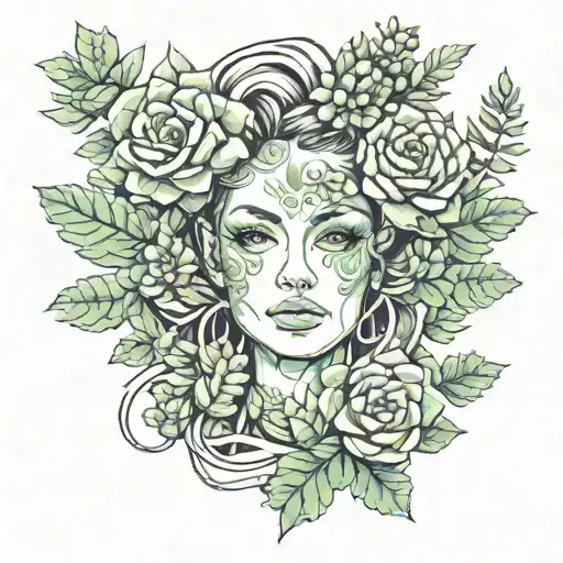 woman face with green plants and succulents tattoo design idea