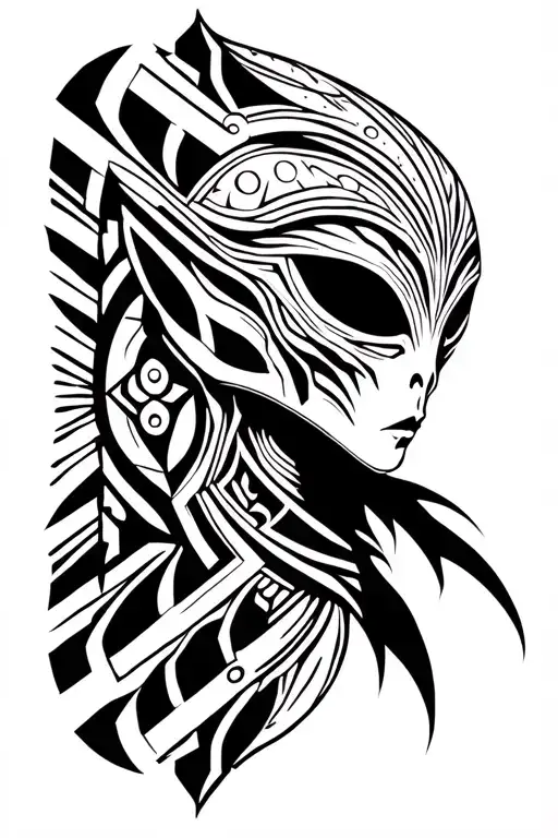 An alien with tribal patterns tattoo design idea
