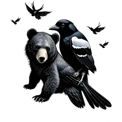 magpie bird with fireflies and a bear cub tattoo design idea