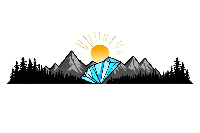 Forest and mountains outline intertwined gems amythest and topaz. Blue topaz sun rising tattoo design idea