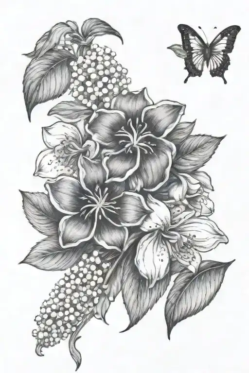fine line primrose, violet and lily of the valley with foilage tattoo design idea