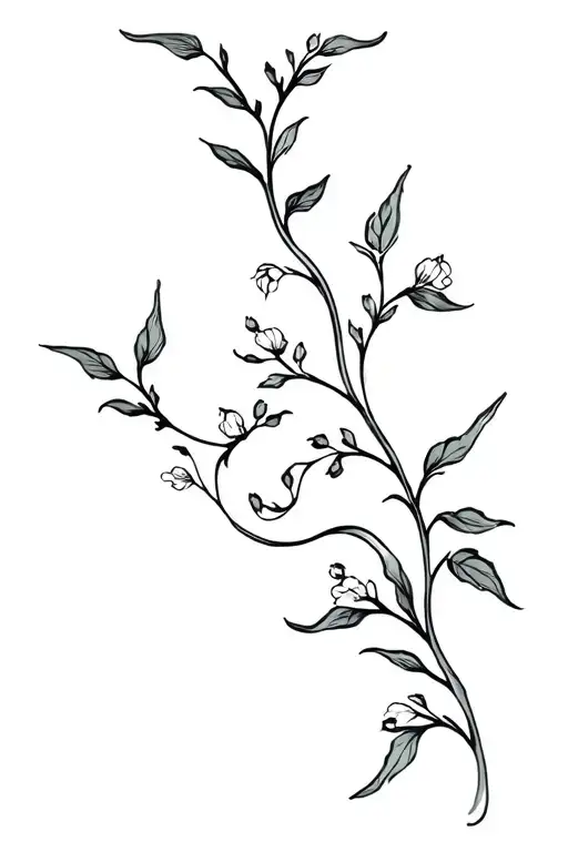 dainty twisty vines with leaves and flower buds curving with body from hip to rib tattoo design idea