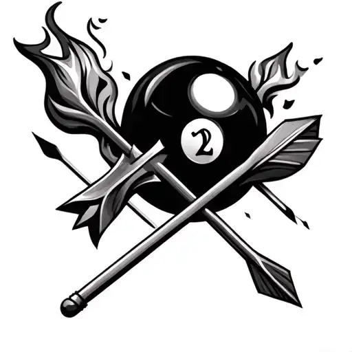 fire, cross, dart arrow and a black snooker ball tattoo design idea