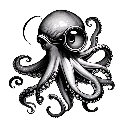 Create me a fine line tattoo with an elegant stylized octopus holding a monocle with a tentacle over the eye, a la tattoo design idea