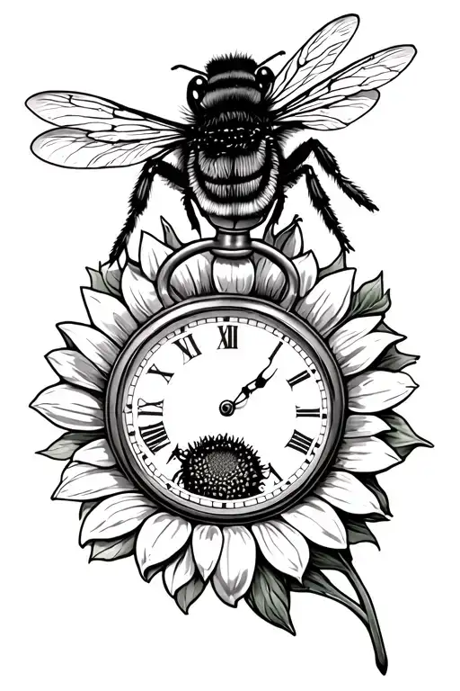 a bumble bee ontop of a pocket watch with a sunflower below it  tattoo design idea