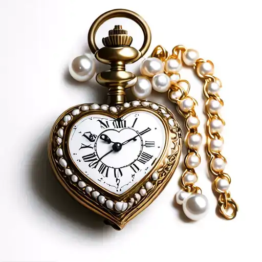 A heart-shaped pocket watch with a white pearl trim, set to midnight. tattoo design idea