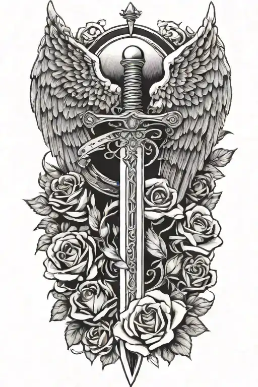 angel wings behind sword, roses tattoo design idea