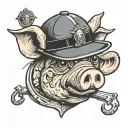 a rubber hose style cartoon drawing of a pigs head with crossed out eyes and a cops hat one tattoo design idea
