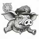 a rubber hose style cartoon drawing of a pigs head with crossed out eyes and a cops hat one tattoo design idea