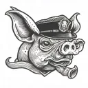a rubber hose style cartoon drawing of a pigs head with crossed out eyes and a cops hat one tattoo design idea