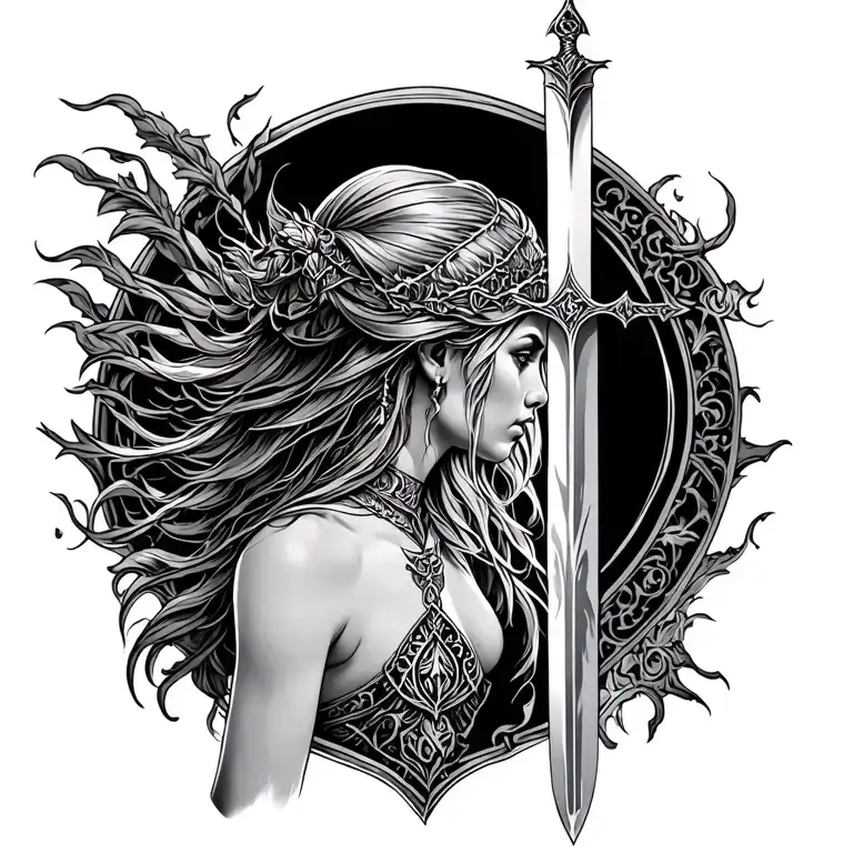 Freya Goddess Sword Back Tattoo tattoo design idea