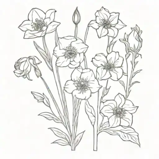 Primrose, Daisy, Rose, Delphinium, Poppy, Gladiolus, Narcissus tattoo design idea