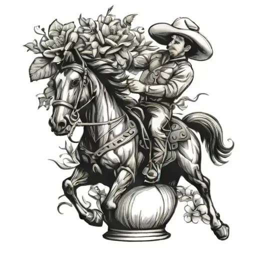 a vase with a cowboy riding a bucking bronco drawn on the vase with wild flowers in the vase tattoo design idea