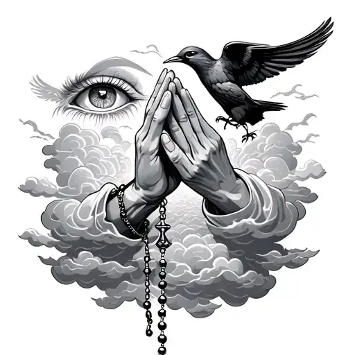 praying hands holding a rosary, clouds, eye, a bird full sleeve  tattoo design idea