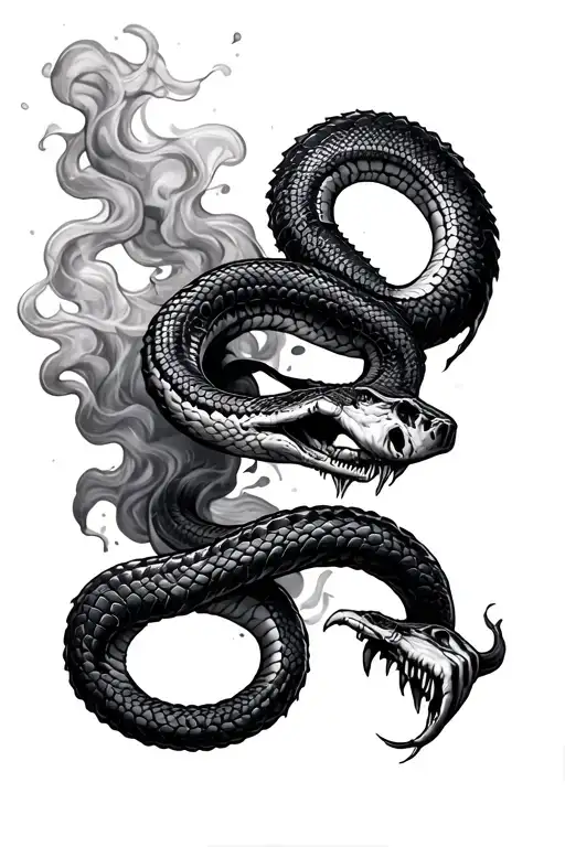 Full sleeve tattoo of a zombie snake surrounded by smoke coiled around an arm from the shoulder to the hand.  tattoo design idea