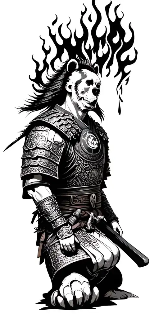 Samurai kneeling, Bear paw engraved in chest peace armor, background realalistic flames and skulls, no color tattoo design idea