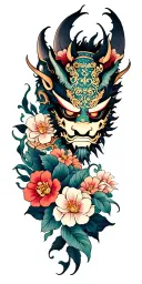 oni mask split with flowers intertwined and Japanese mythological creatures tattoo design idea