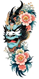 oni mask split with flowers intertwined and Japanese mythological creatures tattoo design idea