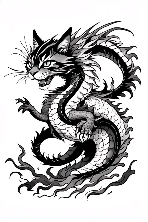 Tattoo back design of a traditional Japanese style samurai cat fighting dragon across a fiery plain tattoo design idea