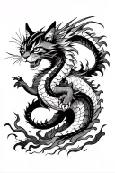 Tattoo back design of a traditional Japanese style samurai cat fighting dragon across a fiery plain tattoo design idea