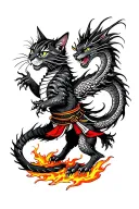 Tattoo back design of a traditional Japanese style samurai cat fighting dragon across a fiery plain tattoo design idea