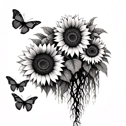 You are my sunshine with sunflowers and butterflies and a weeping willow tree tattoo design idea