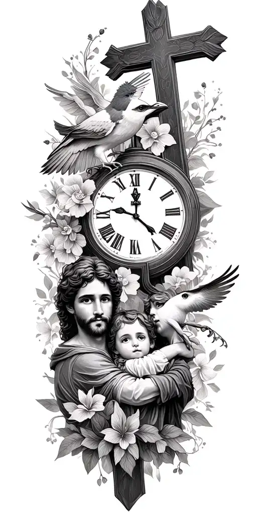 cross , clock, family, bird, jesucrist , dad and son tattoo design idea