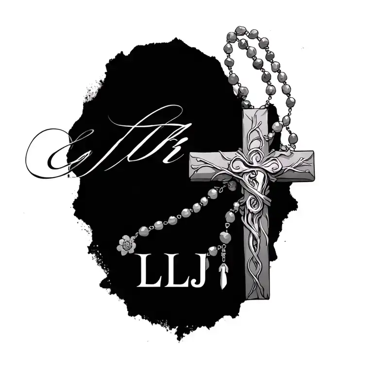 "LLJR" cross with rosary wrapped tattoo design idea