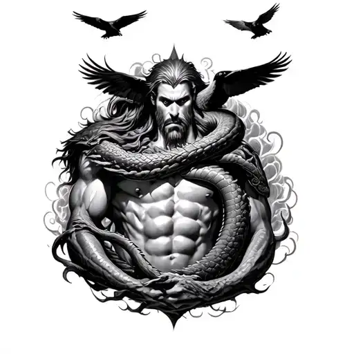 Thors torso in a storm. Yggdrasil and jormungandr wrapped around each other. 2 ravens flying overhead. tattoo design idea