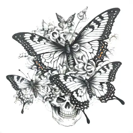 death before dishonor in japanese, surround by butterflies that are half dead and half alive tattoo design idea
