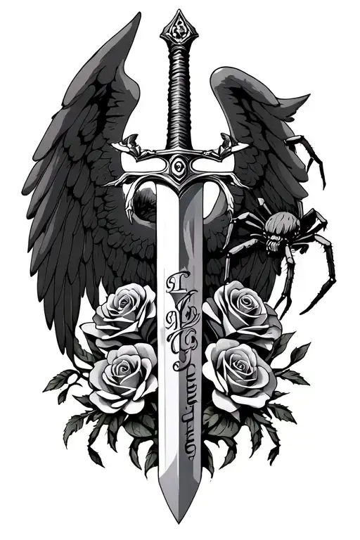 st archangel Michael sword trhu roses with a tarantula on the side with JMR writing  tattoo design idea